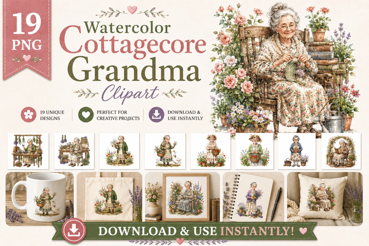 Cottagecore Grandma Clipart Bundle | Watercolor Grandmother
