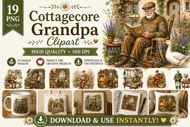 Cottagecore Grandpa Clipart | 19 PNG Rustic Bundle