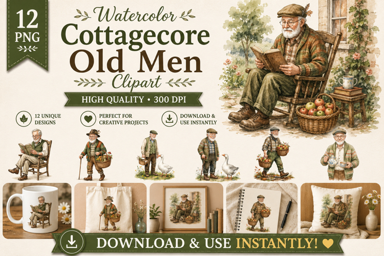 Watercolor Cottagecore Old Men Clipart Bundle PNG Files