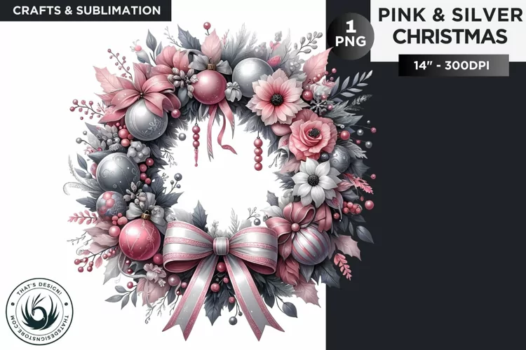 Pink & Silver Christmas wreath clipart PNG