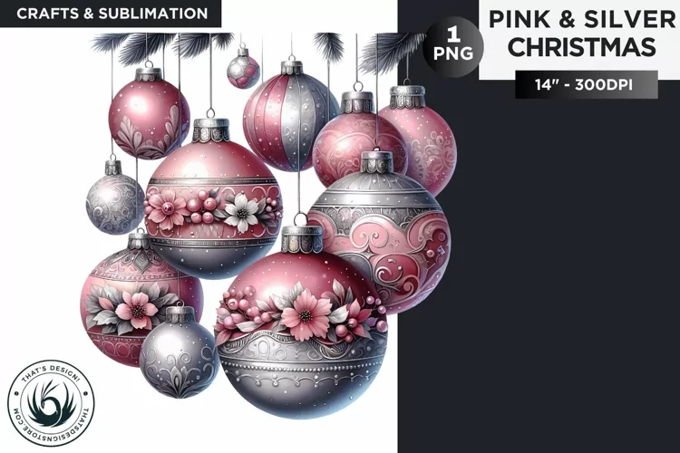 Pink & Silver Christmas Baubles clipart PNG