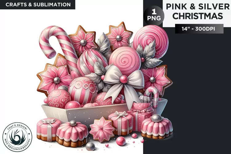 Pink & Silver Christmas sweets and candies clipart PNG