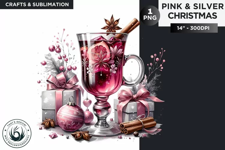 Pink & Silver Christmas Hot wine clipart PNG