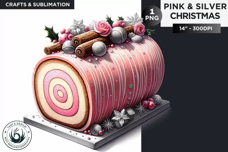 Pink & Silver christmas log dessert clipart PNG