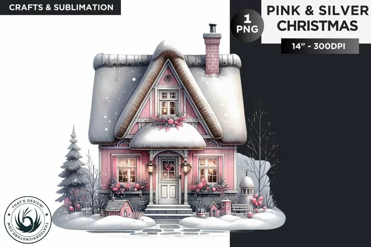 Pink & Silver christmas house clipart PNG