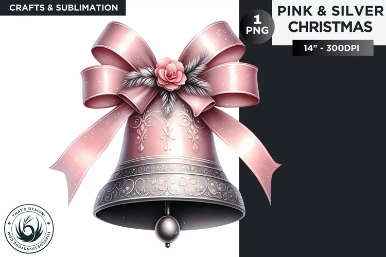 Watercolor Pink & Silver Christmas bell Clipart PNG