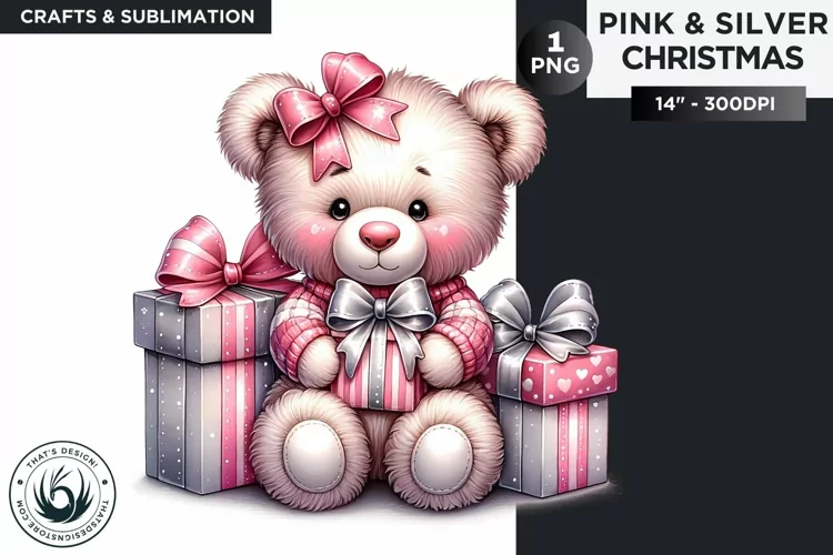 Pink & Silver christmas Teddy bear clipart PNG