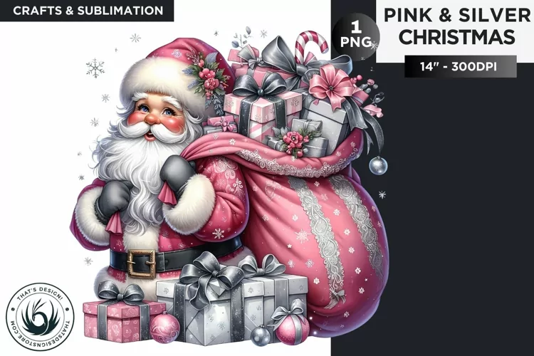 Pink & Silver Santa Claus with gifts bag clipart PNG