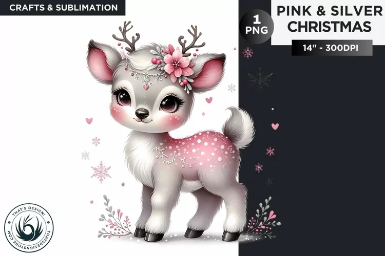 Pink & Silver christmas reindeer clipart PNG