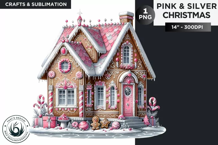 Pink & Silver christmas gingerbread house clipart PNG
