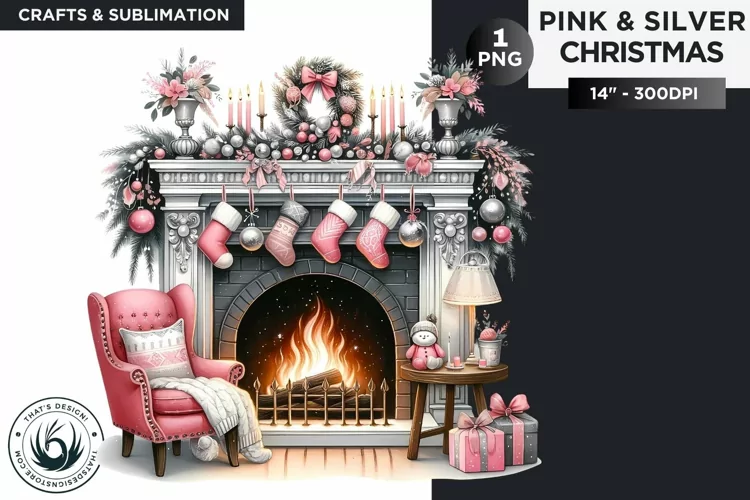 Pink & Silver christmas chimney clipart PNG