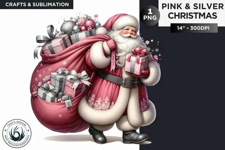 Pink & Silver Santa Claus with gifts bag clipart PNG