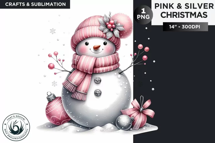 Pink & Silver christmas Snowman clipart PNG