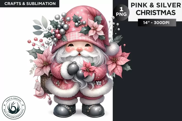 Pink & Silver Santa Claus with flowers clipart PNG