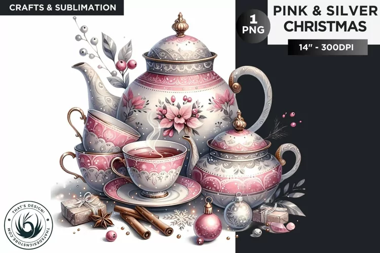 Cottage core Pink & Silver christmas tea time clipart PNG