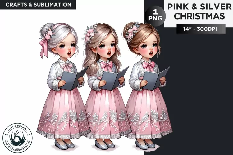 Watercolor Pink & Silver Christmas choir Clipart PNG