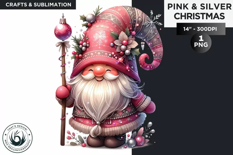 Pink & Silver christmas gnome with flowers clipart PNG