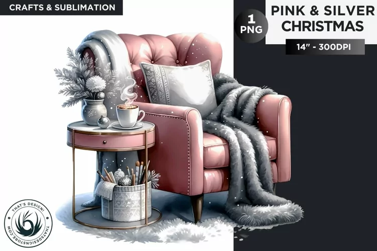 Pink & Silver christmas cozy armchair clipart PNG