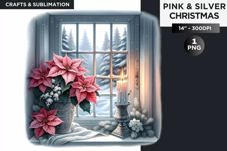 Pink & Silver christmas window clipart PNG