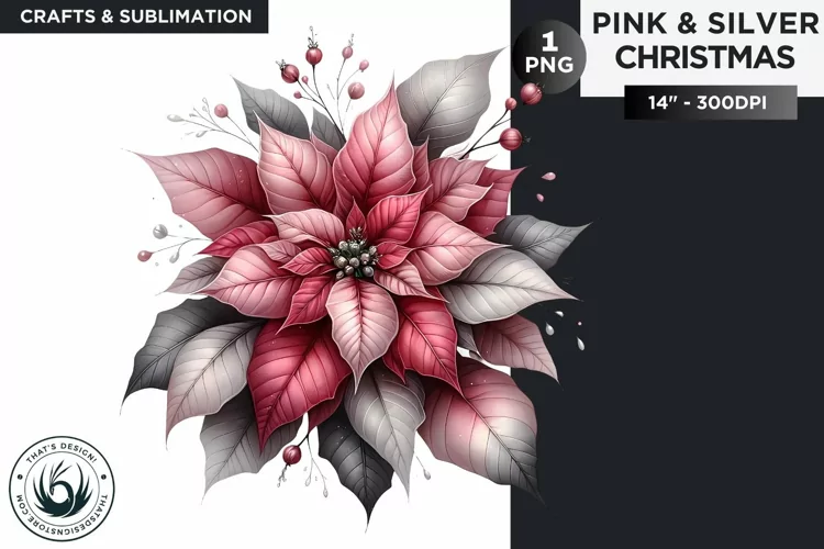 Pink & Silver christmas Poinsettia clipart PNG