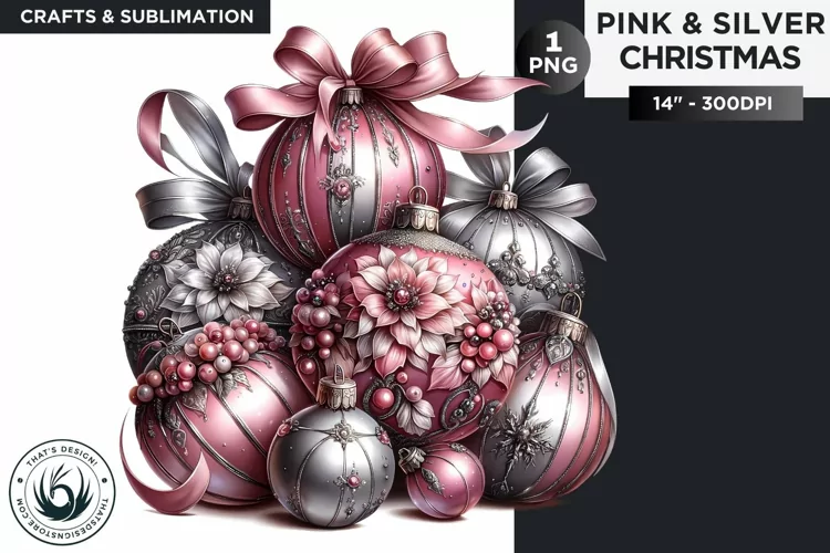 Pink & Silver Christmas Baubles clipart PNG