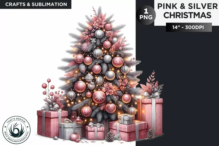 Pink & Silver christmas tree with gifts clipart PNG