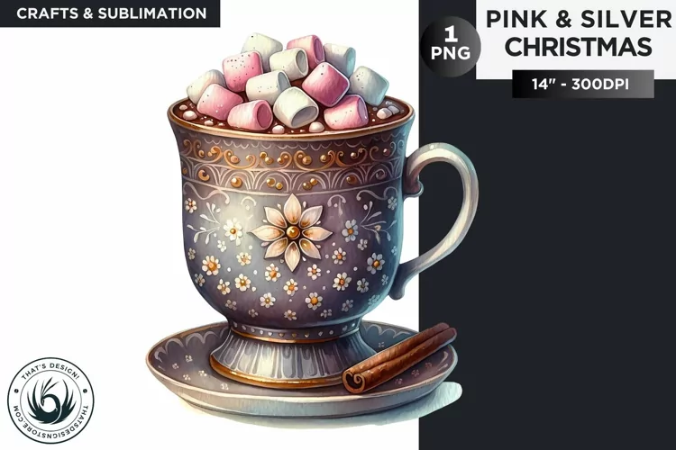 Watercolor Pink & Silver Christmas hot chocolate Clipart PNG