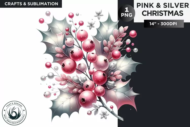 Watercolor Pink & Silver Christmas holly Clipart PNG