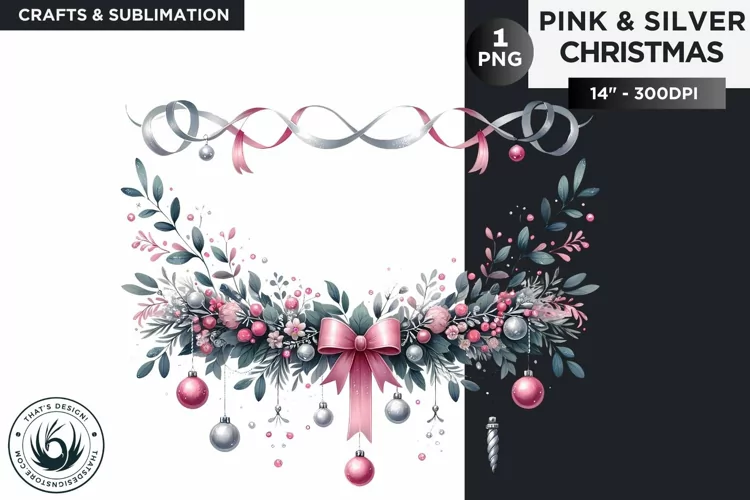 Watercolor Pink & Silver Christmas garland Clipart PNG