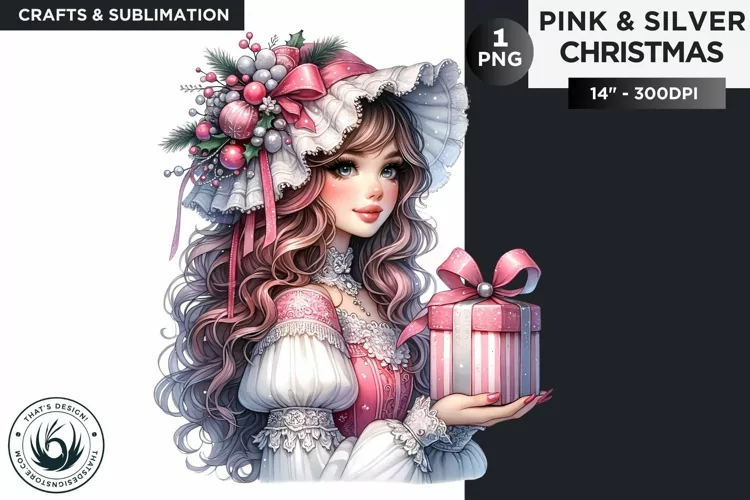 Watercolor Pink & Silver Christmas Girl Clipart PNG