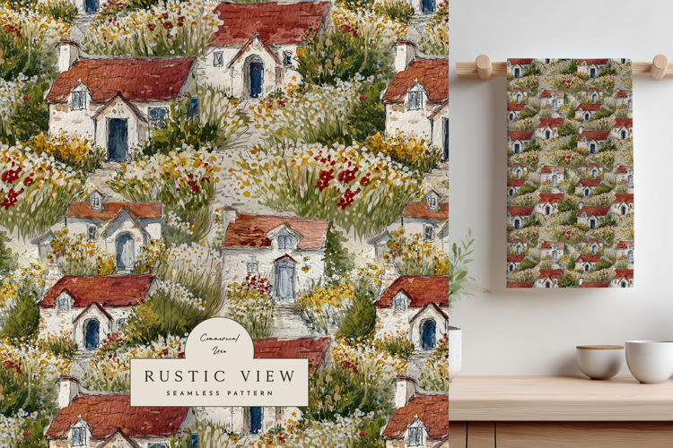 Watercolor Cottagecore Village Repeat Pattern JPG