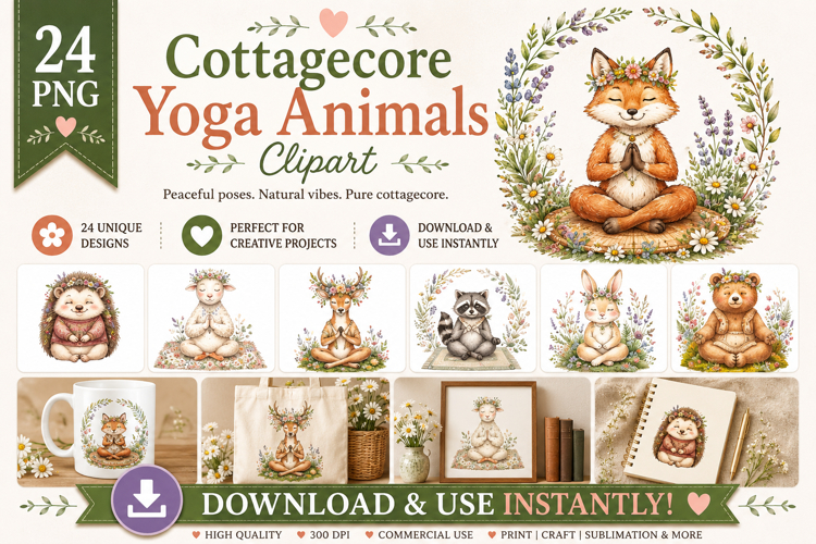 Watercolor Cottagecore Yoga Animals Clipart Bundle