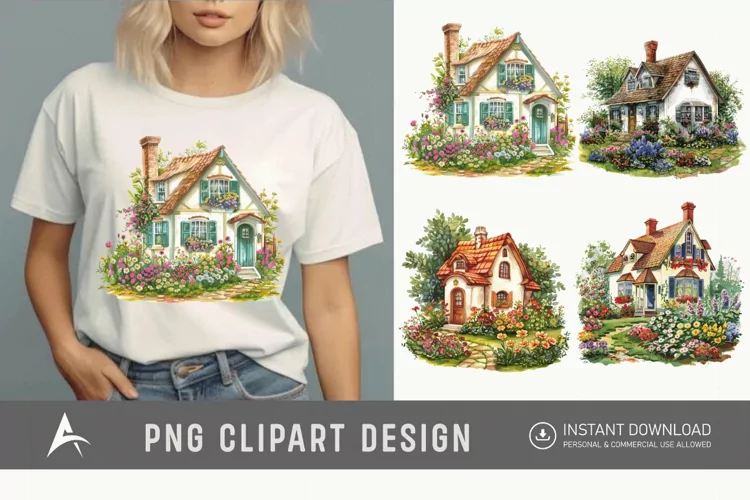 Watercolor Country House With Flower Garden Clipart