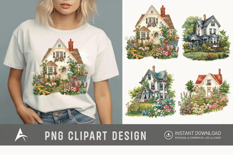 Watercolor Country House With Flower Garden Clipart