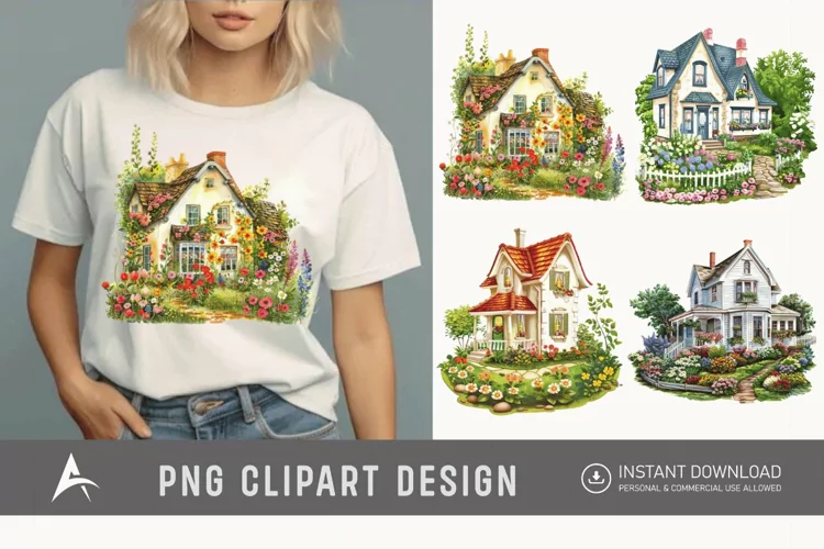 Watercolor Country House With Flower Garden Clipart