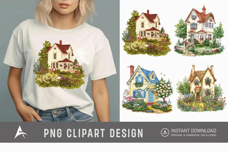 Watercolor Country House With Flower Garden Clipart