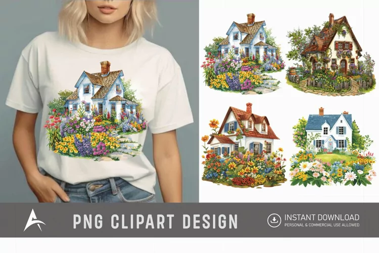 Watercolor Country House With Flower Garden Clipart