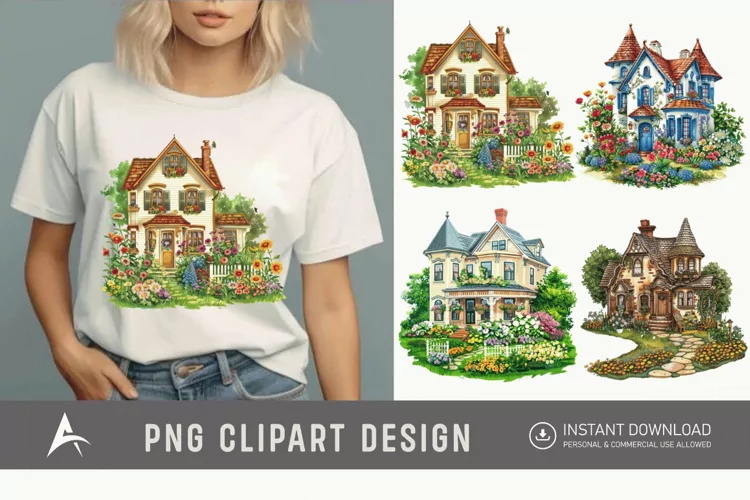 Watercolor Country House With Flower Garden Clipart