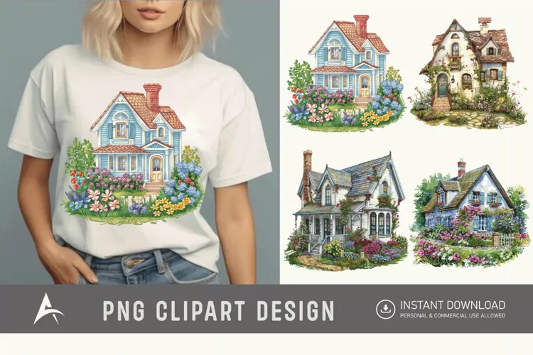 Watercolor Country House With Flower Garden Clipart
