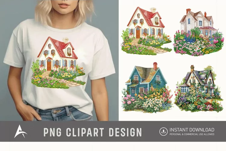 Watercolor Country House With Flower Garden Clipart