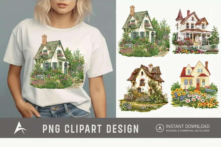 Watercolor Country House With Flower Garden Clipart