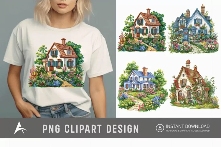Watercolor Country House With Flower Garden Clipart