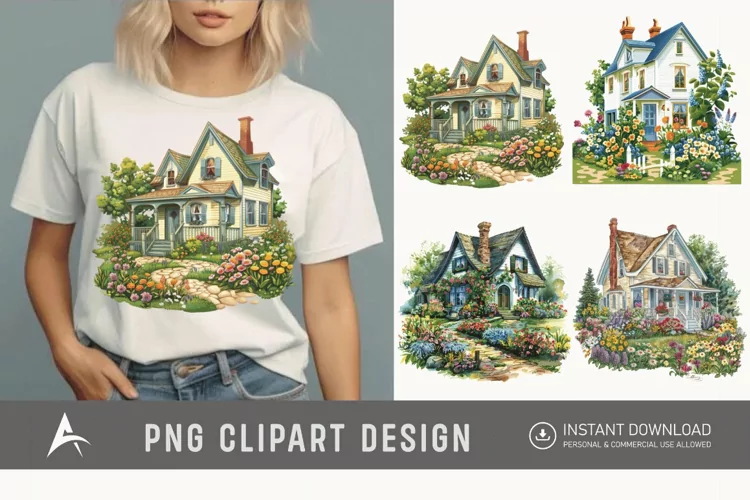 Watercolor Country House With Flower Garden Clipart