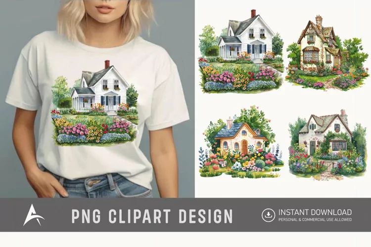 Watercolor Country House With Flower Garden Clipart