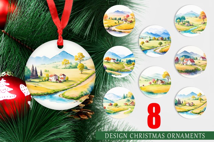 Christmas Ornaments Watercolor Countryside Landscape
