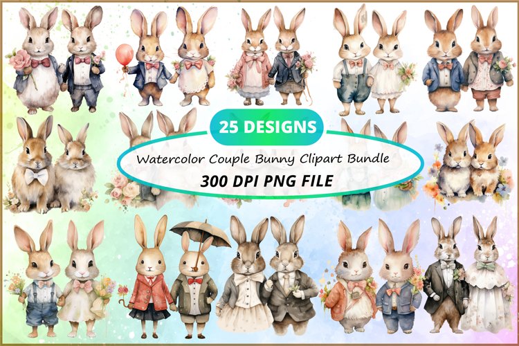 Watercolor Couple Bunny Clipart Bundle