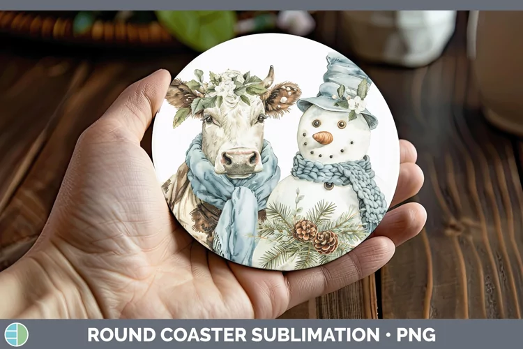 Christmas Snowman Cow Round Coaster Sublimation Designs