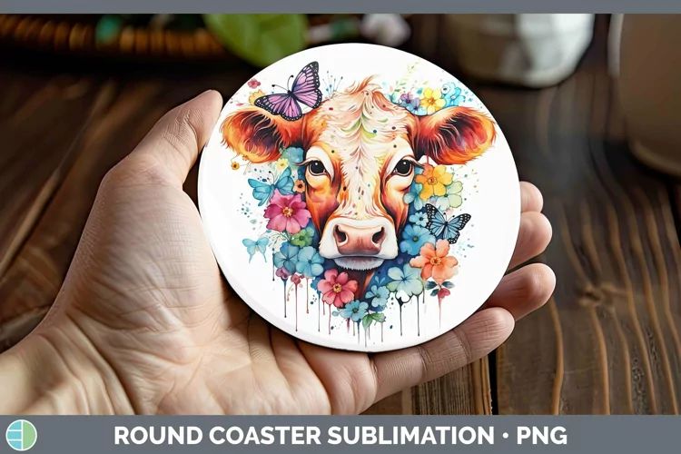 Watercolor Cow Round Coaster | Sublimation Coaster Designs
