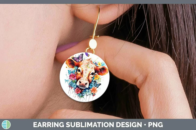 Watercolor Cow Round Earrings | Sublimation Earrings Design