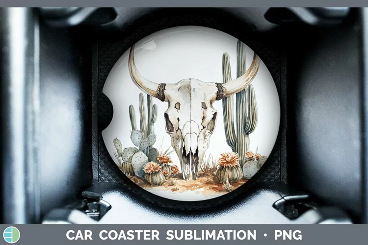 Watercolor Cow Skull Car Coaster Sublimation Designs